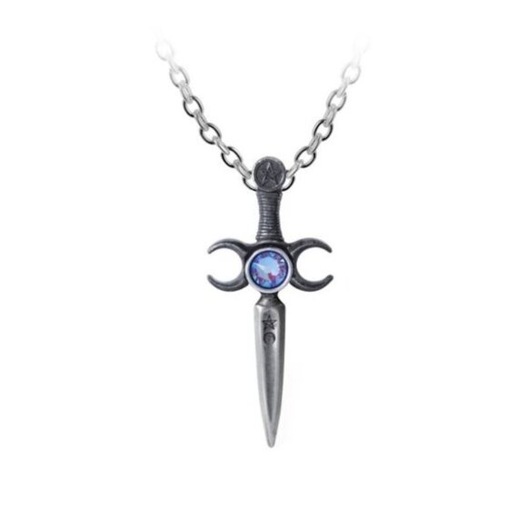 Athame Pendant – Alchemy Gothic Wiccan Dagger w/ Crescent Moons & Blue Crystal - Picture 1 of 1